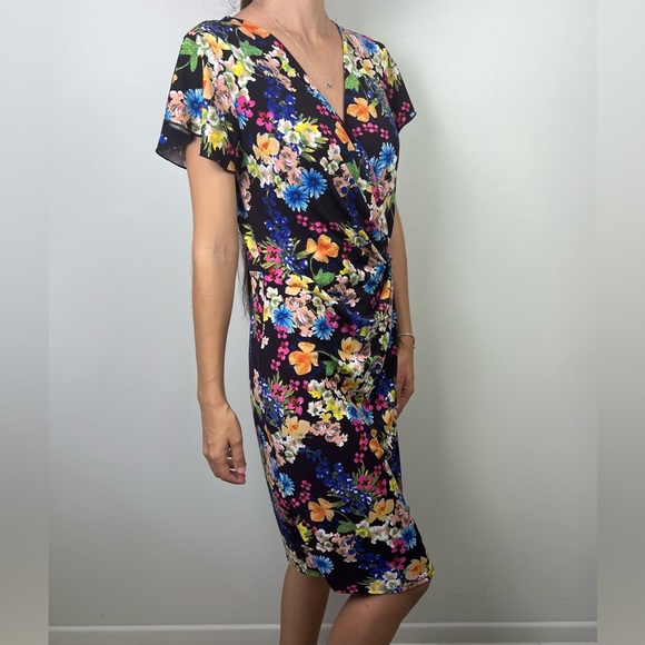 Leona Edmiston Dress Multicoloured Floral Draped Buckle Knee Length Size M 12 - Picture 3 of 11